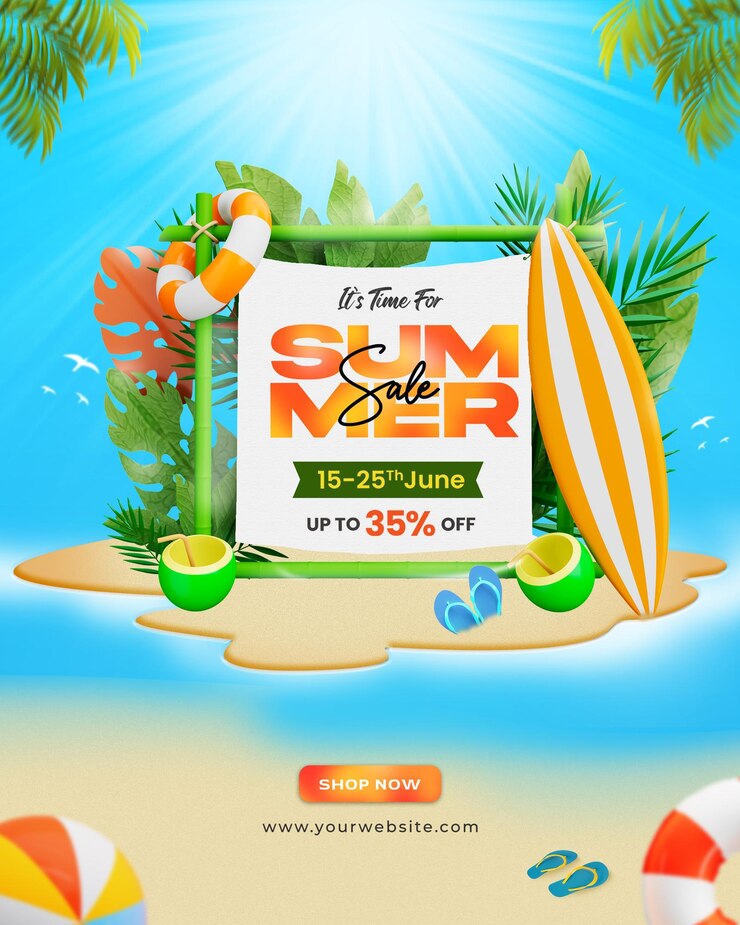 PSD summer sale social media post template with colorful beach elements