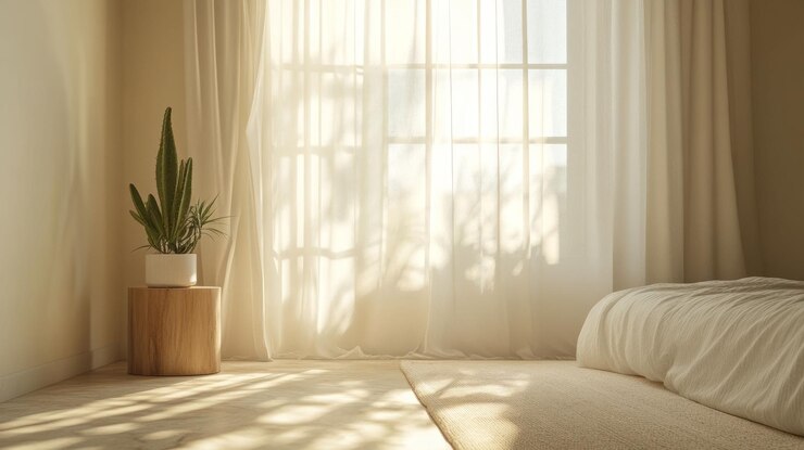 Sunlit bedroom with sheer curtains wooden stool plant and bed