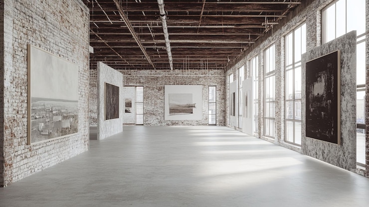 PSD sunlit industrial gallery showcasing contemporary art