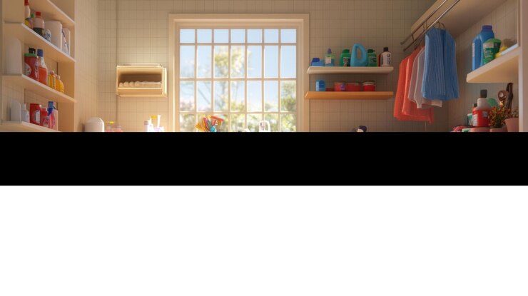 PSD sunlit laundry room with washer dryer shelves cleaning supplies and towels