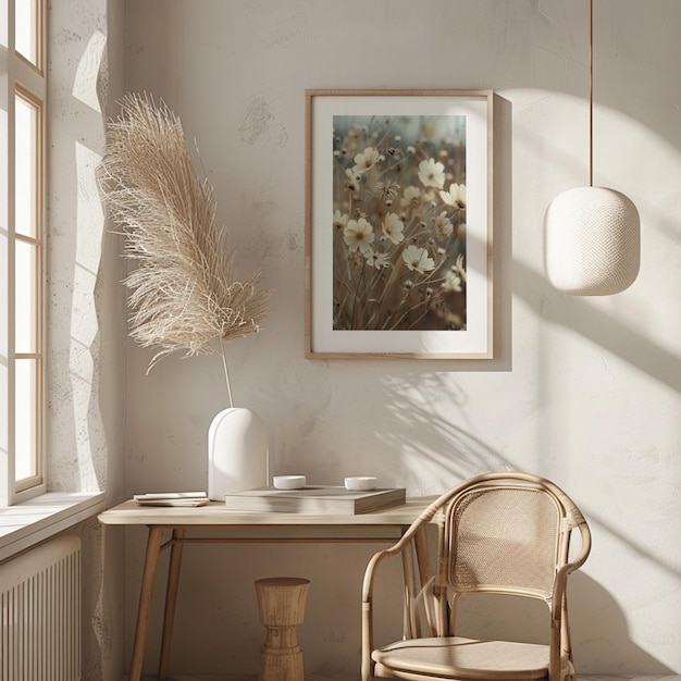 Sunlit serenity natural interior frame mockup mit kunstwerken mit pflanzenthemen rahmen an der wand