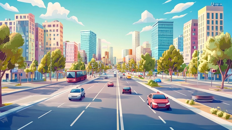 PSD sunny city street with cars buses and buildings