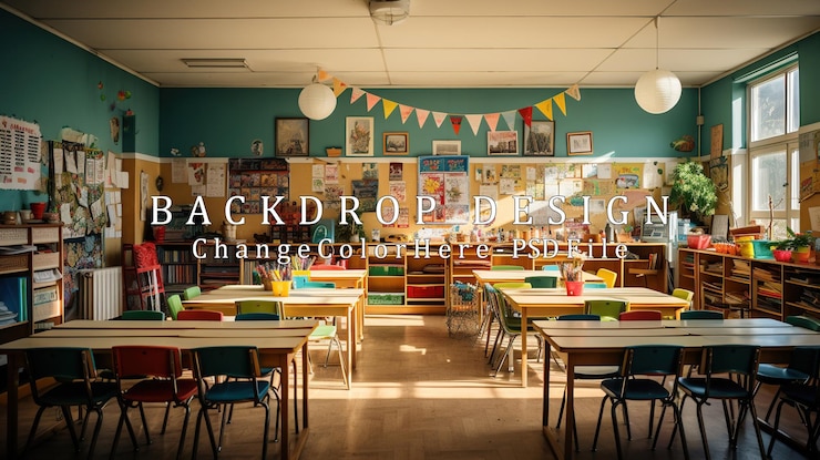 PSD sunny classroom with colorful desks and decorations