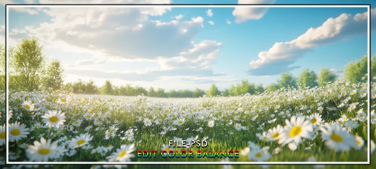 PSD sunny daisy field meadow sky spring (la primavera del cielo en el campo de margaritas soleadas)