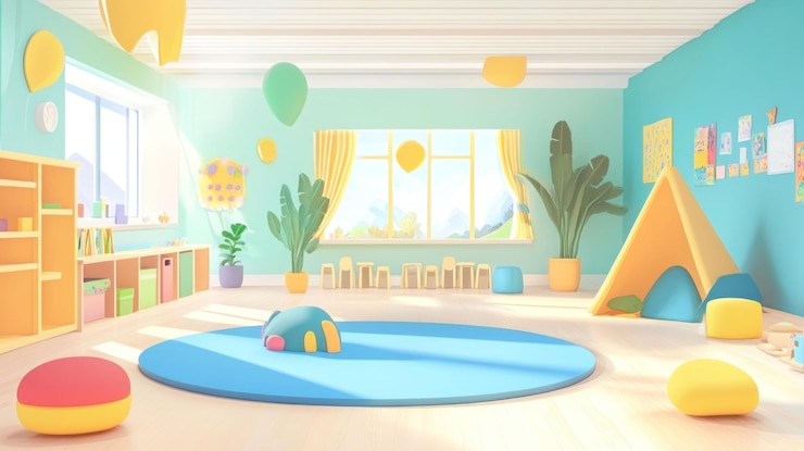 PSD sunny kids playroom with toys bookshelves and play tent