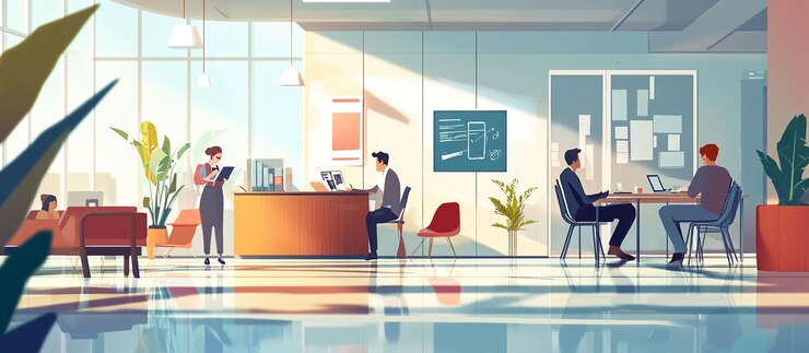 PSD sunny modern office with employees working at desks and reception