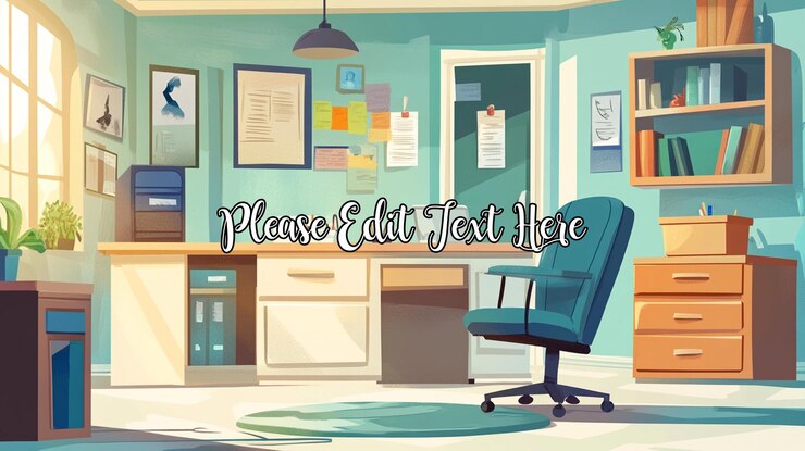 PSD sunny office interior with desk chair bookcase and documents