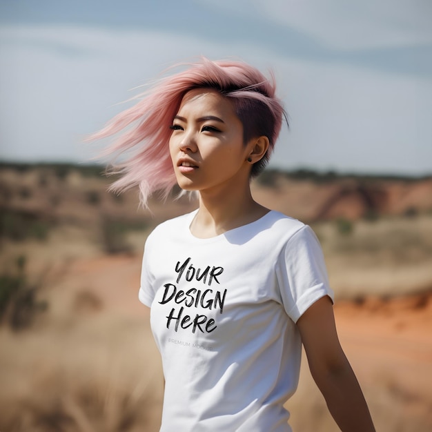 Sunny outdoor white tshirt psd mockup con una modelo femenina asiática moderna con cabello rosado