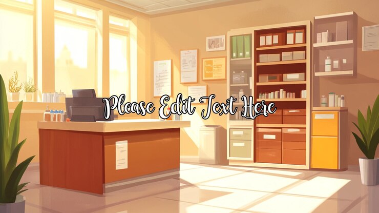 PSD sunny pharmacy interior with reception desk shelves and medical supplies
