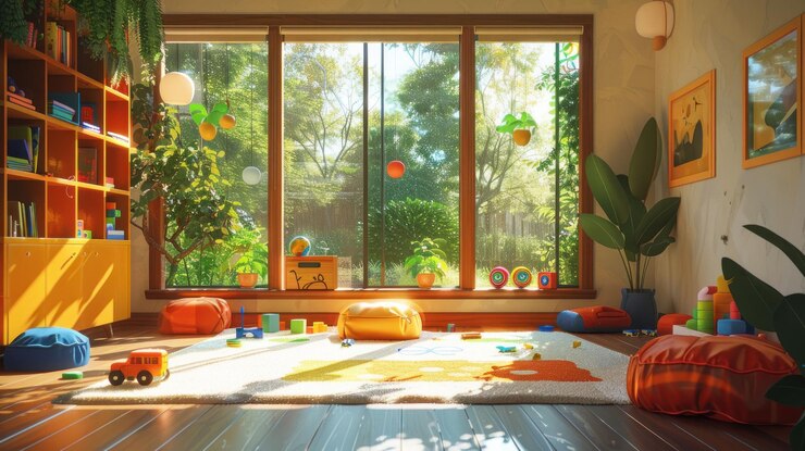 PSD sunny playroom with large window and toys on a rug