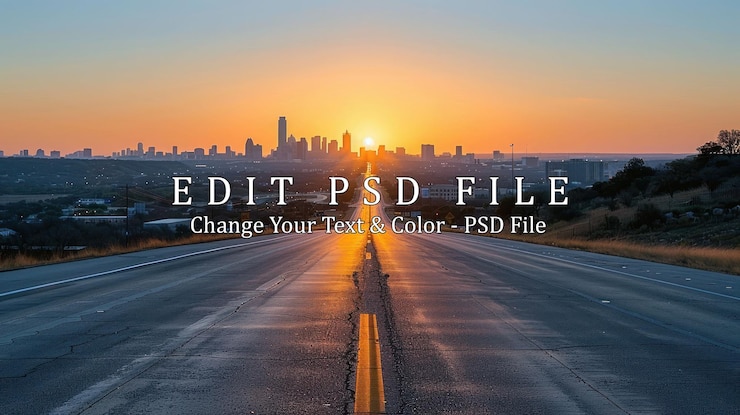 PSD sunrise over austin skyline with empty road