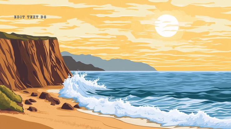 PSD sunset coastal cliffside beach scene with ocean waves crashing on sandy shore