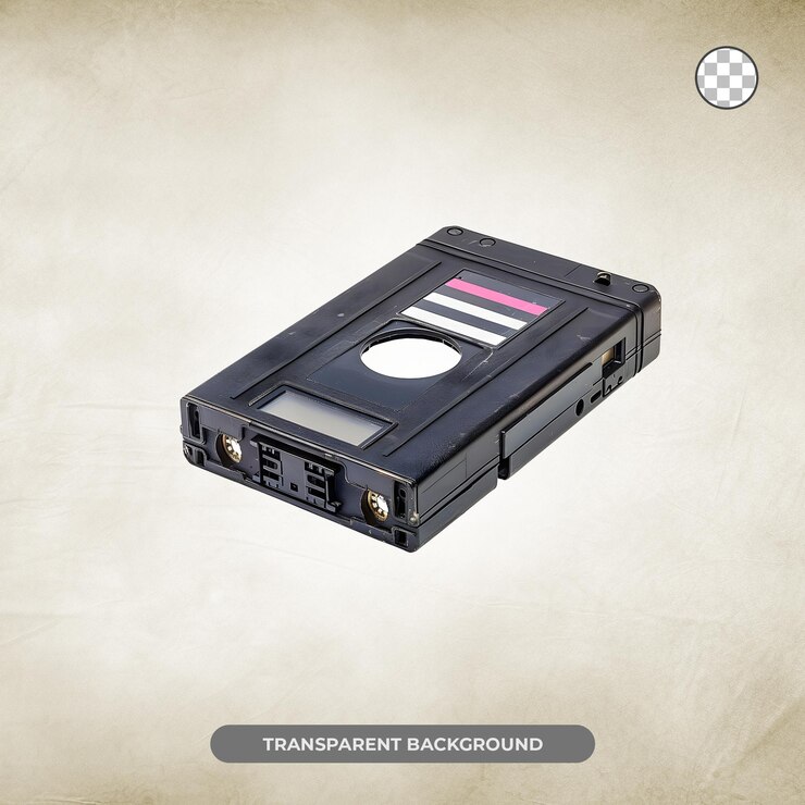 PSD suonatore di cassette audio nero isolato su sfondo trasparente