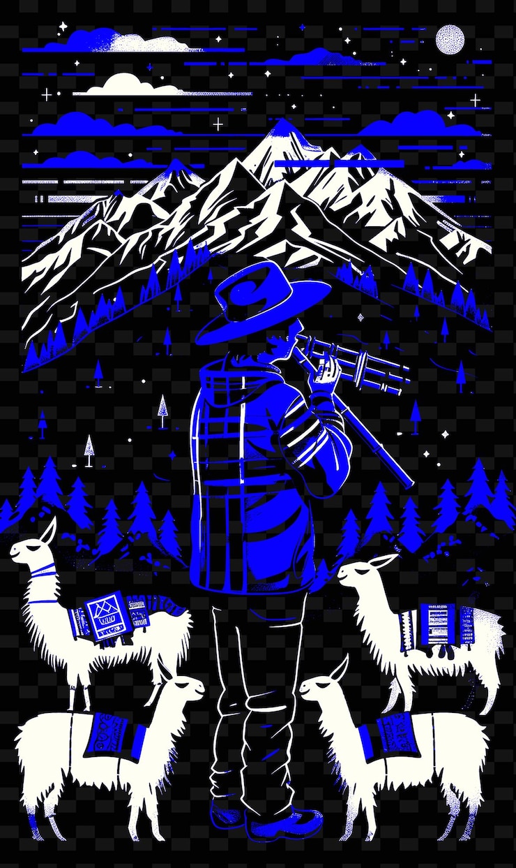 PSD suonatore di flauto pan-andino che si esibisce in un paesaggio montuoso w illustrazione vettoriale idea di poster musicale