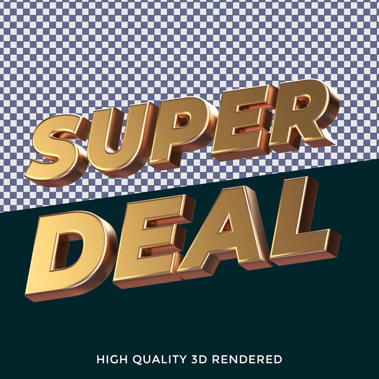PSD super deal 3d renderizado em estilo de texto isolado com textura metálica dourada realista