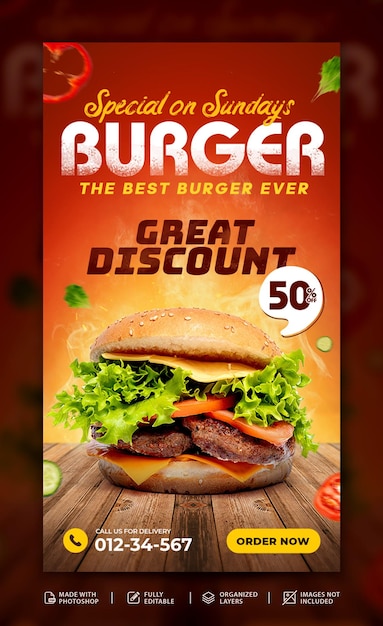Super délicieux burger restauration rapide facebook modèle d'histoire instagram psd