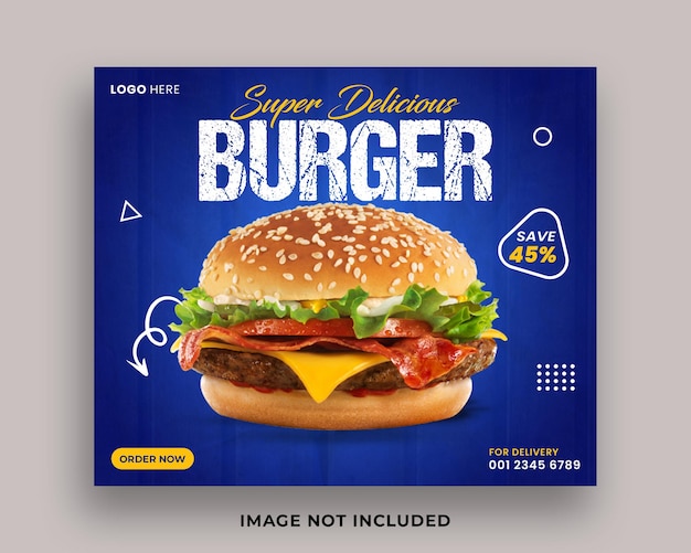 Súper deliciosa hamburguesa y menú de comida diseño de banner de redes sociales