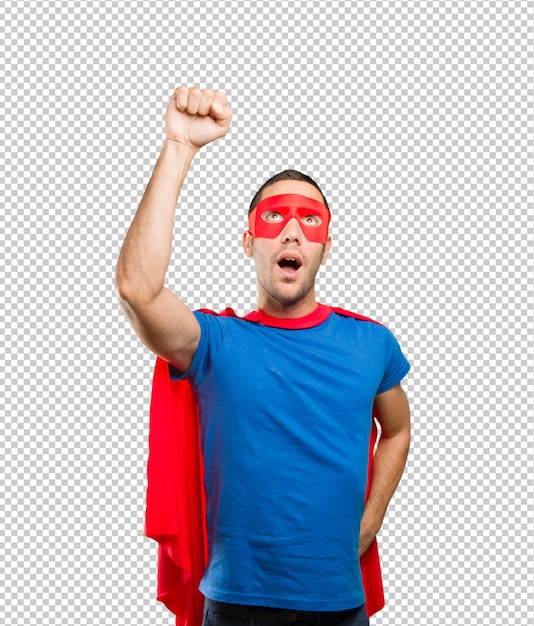 Super-herói espantado com um gesto de voar