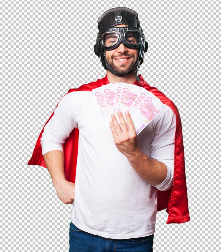 PSD super herói segurando contas