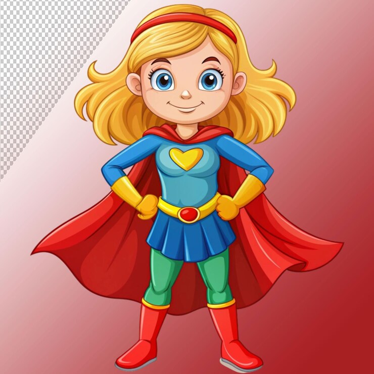 PSD super heroína de desenho animado de pé isolada em fundo transparente