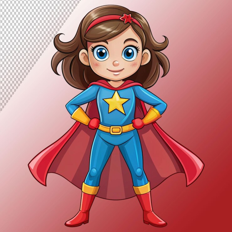 PSD super heroína de desenho animado de pé isolada em fundo transparente