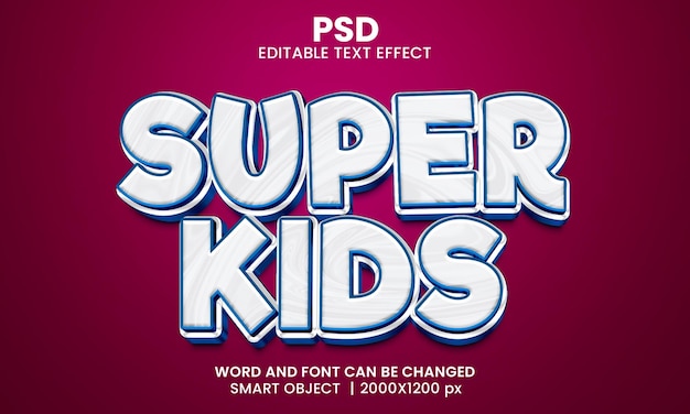 Super kids 3d efeito de texto editável psd premium com plano de fundo