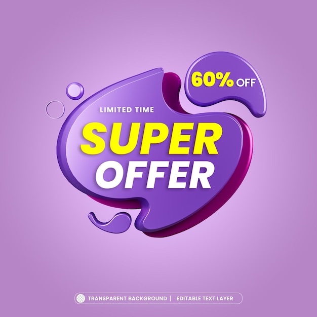 Super oferta 60 off banner de promoção 3d com texto editável