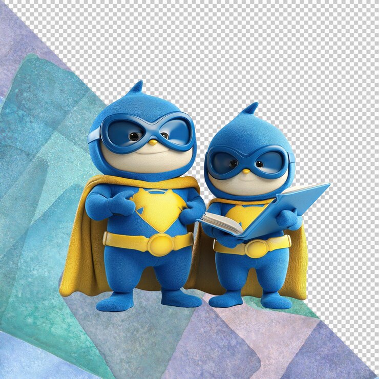 PSD super reader duo personagens adoráveis de super-heróis aprendendo juntos