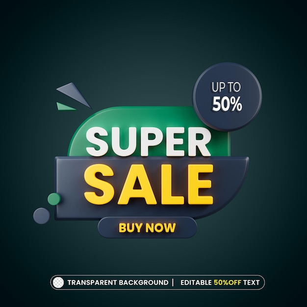 Super Sale 50 off banner de promoção 3d com texto editável