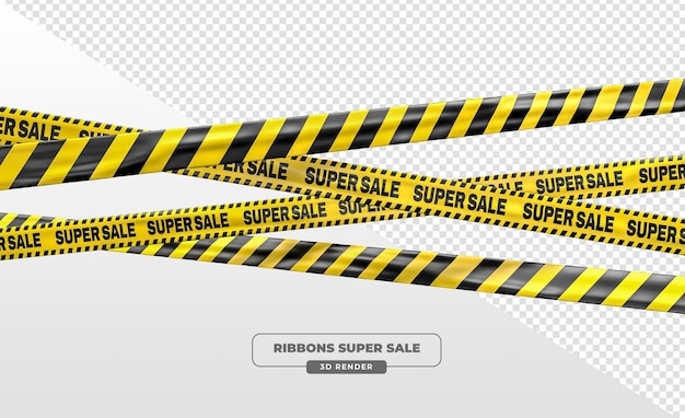 Super Sale Gelbe Werbebänder und Bänder in 3D-Rendering mit durchsichtigem Hintergrund