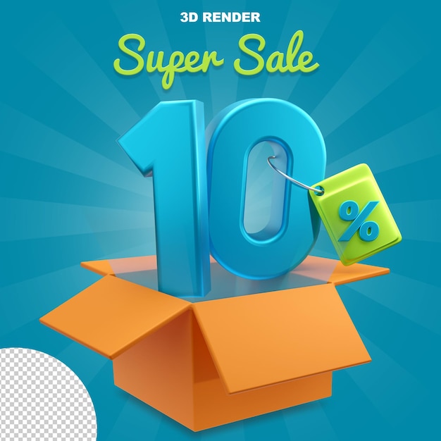 Super sale ofrece un 10 por ciento de descuento en números azules con concepto de representación 3d