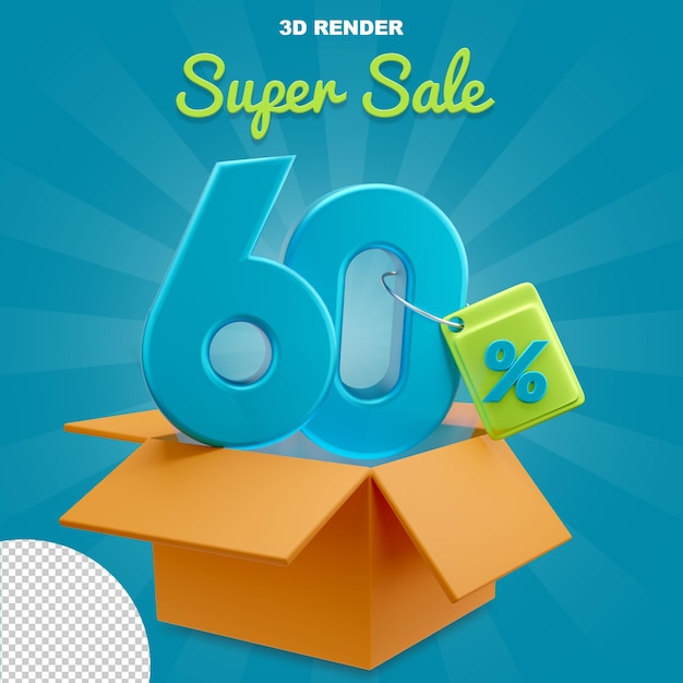 Super sale ofrece un 60 por ciento de descuento en números azules con concepto de representación 3d