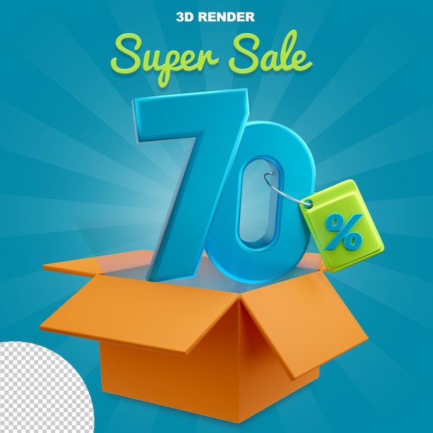 Super sale ofrece un 70 por ciento de descuento en números azules con concepto de representación 3d