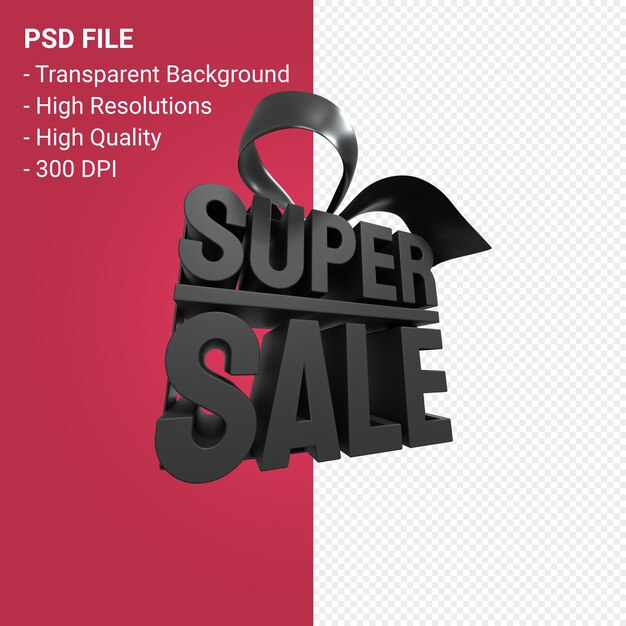 Super venta con diseño 3d de arco y cinta sobre fondo aislado