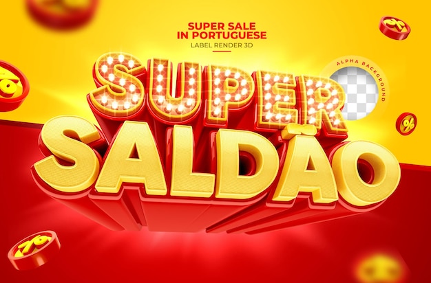 Super venta de etiquetas en portugués 3d renderizado para la campaña de marketing de Brasil