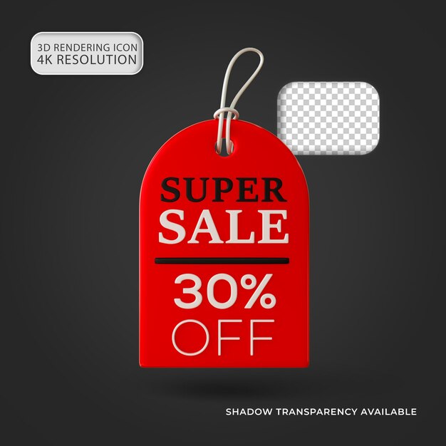 PSD super venta roja y negra brillante etiqueta de descuento del 30 por ciento icono 3d aislado ilustración para composición