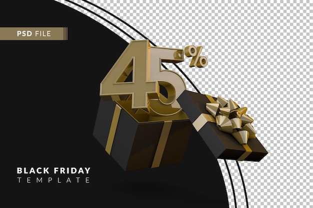 Super venta de viernes negro con 45 por ciento de número de oro y caja de regalo negra y cinta dorada 3d render