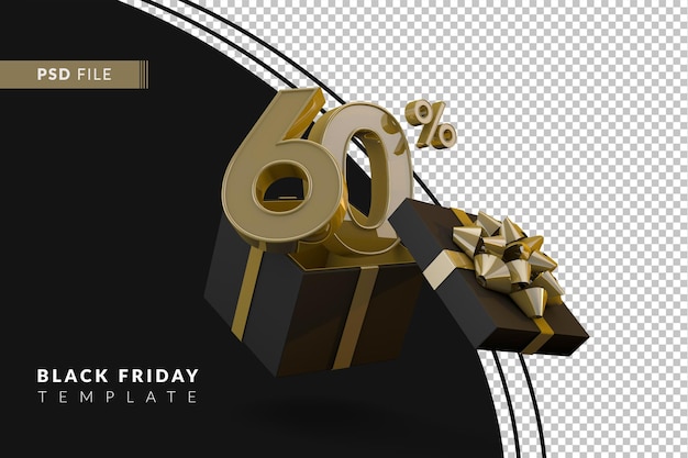 Super venta de viernes negro con número de oro del 60 por ciento y caja de regalo negra y cinta dorada render 3d