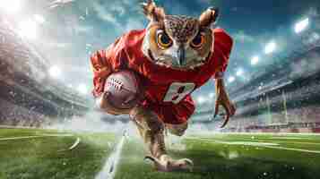 PSD superb owl superbowl athletic owl mascote correndo por um estádio de futebol segurando uma bola de futebal
