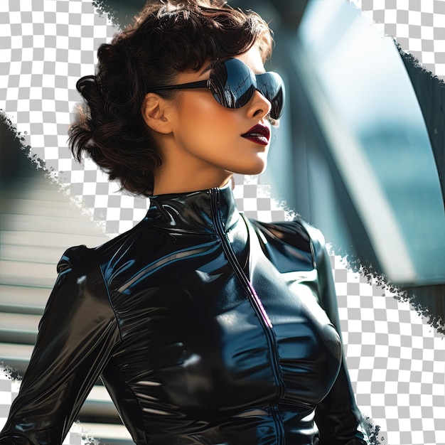 PSD superbe dame portant des lunettes de soleil en latex et un regard vers le bas