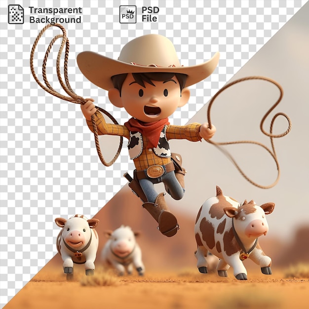 PSD superbe dessin animé de cow-boy qui fait paître du bétail sur le pâturage