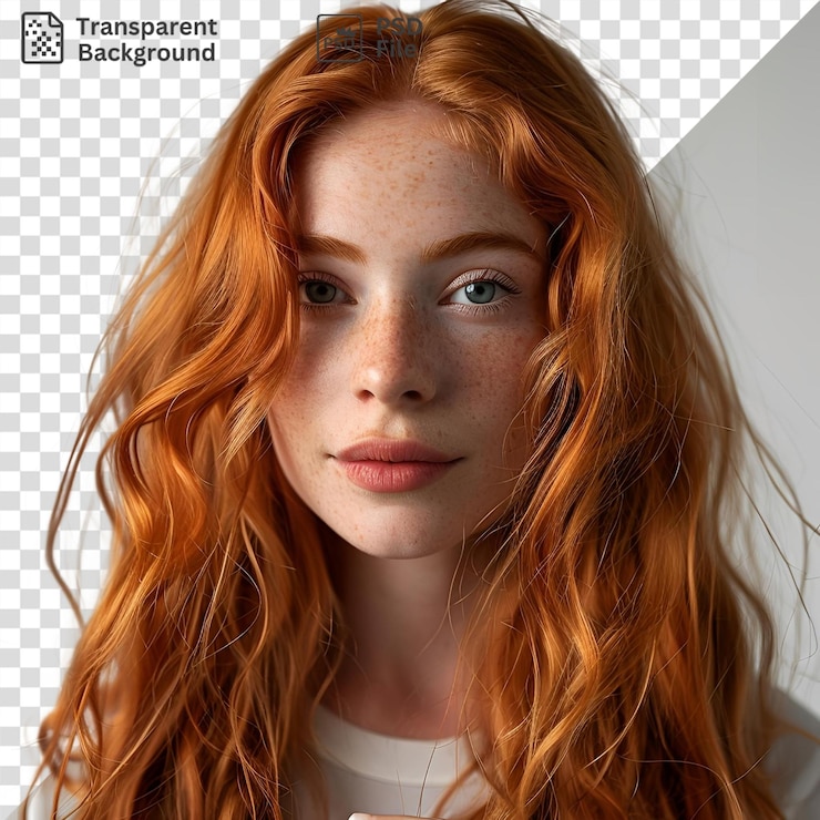 PSD superbe femme avec de longs cheveux rouges portant une chemise blanche et des lèvres roses et rouges mettant en valeur ses yeux bleus et marron frappants, son petit nez et ses sourcils marron