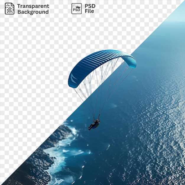 Un Superbe Parapente 3d Volant Au-dessus De La Côte Avec Un Ciel Bleu Et De L'eau En Arrière-plan Et Un Cerf-volant Bleu Au Premier Plan