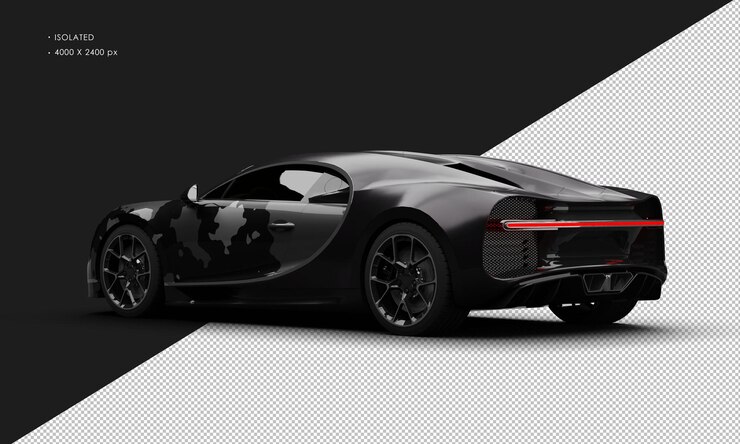 PSD supercar de sedan de ville camouflage noir métallique réaliste isolé de l'arrière gauche