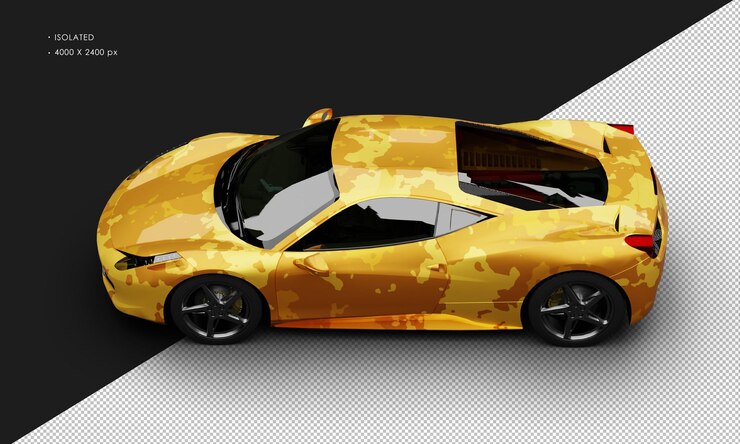 PSD supercoche deportivo aislado de camuflaje amarillo metálico realista de motor medio desde la vista superior izquierda