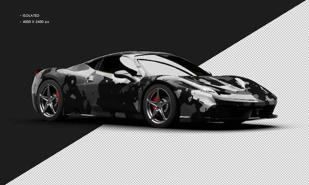Supercoche deportivo especial de camuflaje negro metálico realista aislado desde la vista delantera derecha