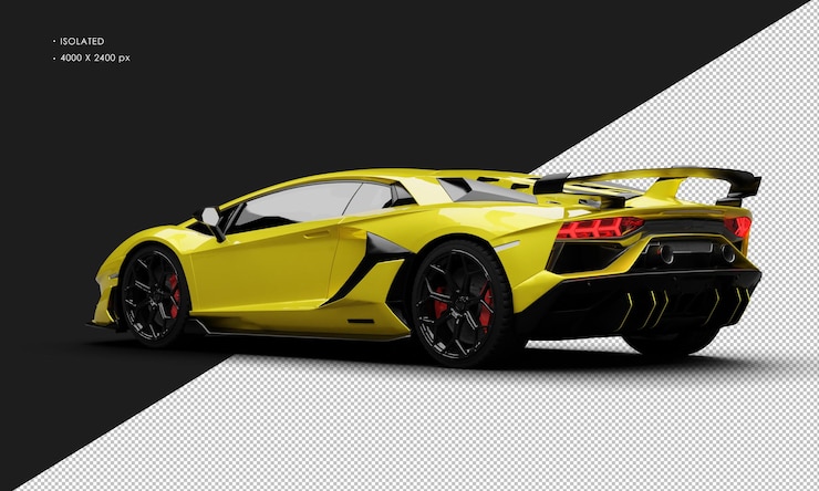 PSD supercoche deportivo ultra moderno aerodinámico metálico amarillo realista aislado desde la vista trasera izquierda