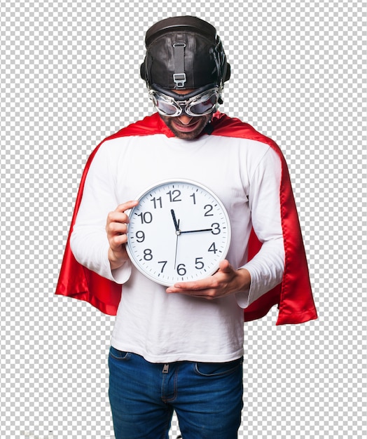 Superheld, der eine uhr hält