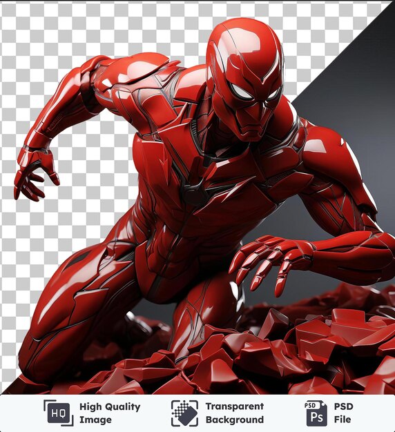 PSD superhéroe 3d transparente haciendo una poderosa pose acompañado de una pierna roja y un juguete rojo y negro