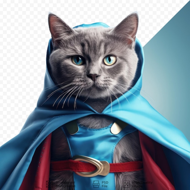 PSD el superhéroe líder del gato escocés whiskas con capa y máscara azul representado en un fondo transparente